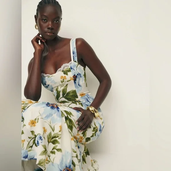 NEW Reformation Irisa Midi Dress in Botanist Cream Blue Green Floral | sz 2 - Picture 2 of 11